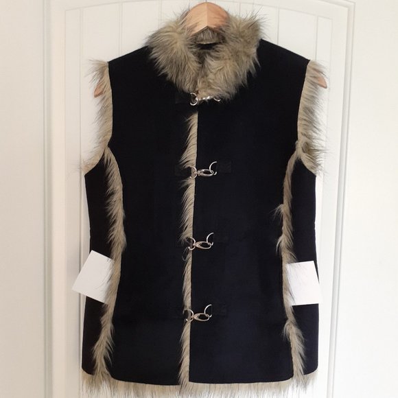 Sport Haley Blue Faux Fur Hook Front Vest Brown Faux Fur Trim Pockets Size M - Picture 9 of 11